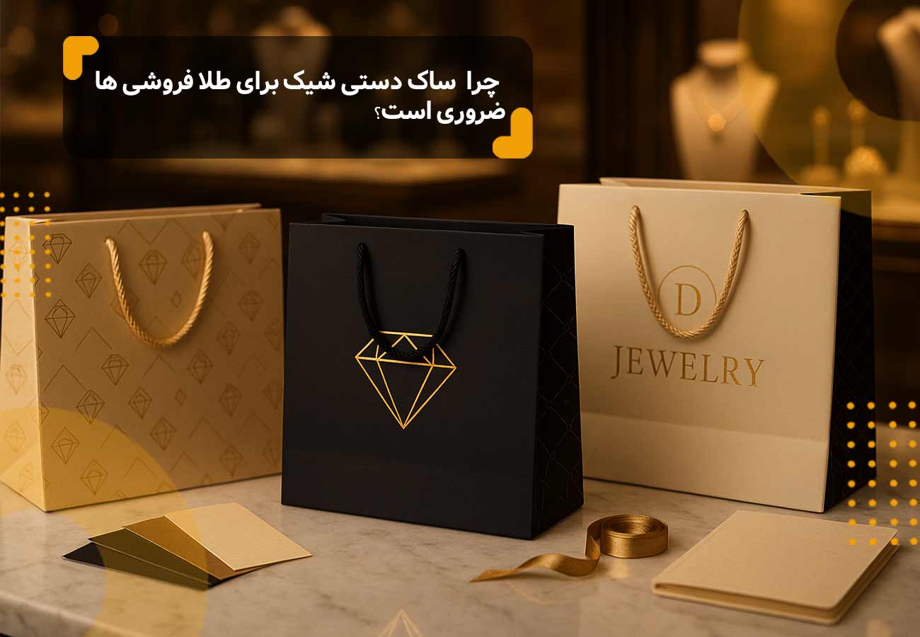چند مدل بگ طلا و جواهر شیک و لاکچری، عنوان مقاله در بالای تصویر نوشته شده: چرا ساک دستی شیک برای طلا فروشی ها ضروری است؟