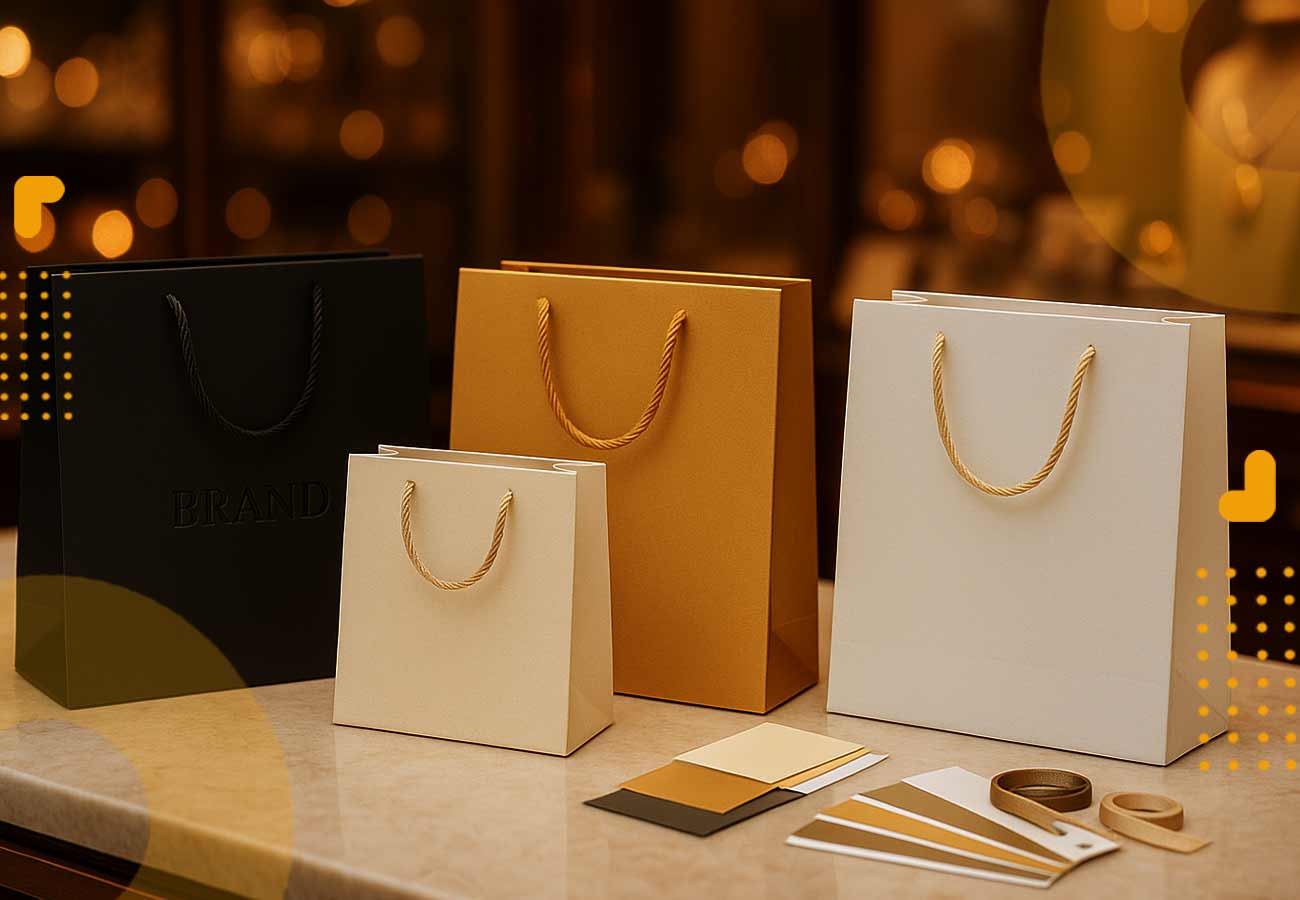 چهار عدد ساک دستی شیک برای طلا فروشی ها روی میز گذاشته شده در طرح های ساده و شیک در رنگ های مشکی، شیری و کرم و طلایی