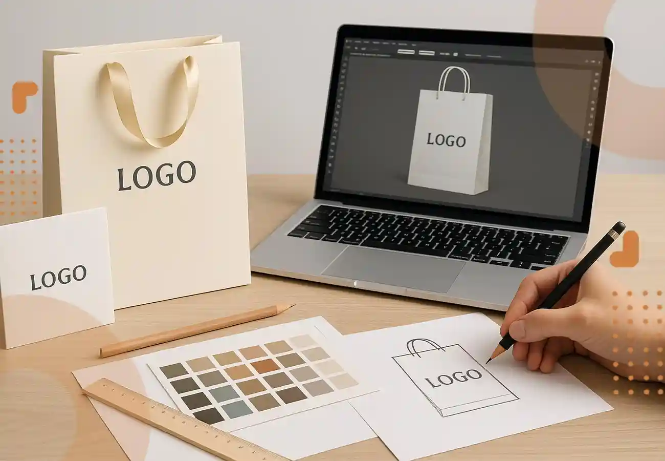 تصویر شخصی که در حال طراحی لوگوی یک برند برای ساک خرید دستی تبلیغاتی هست. یکی از عوامل قیمت ساک خرید دستی تبلیغاتی-