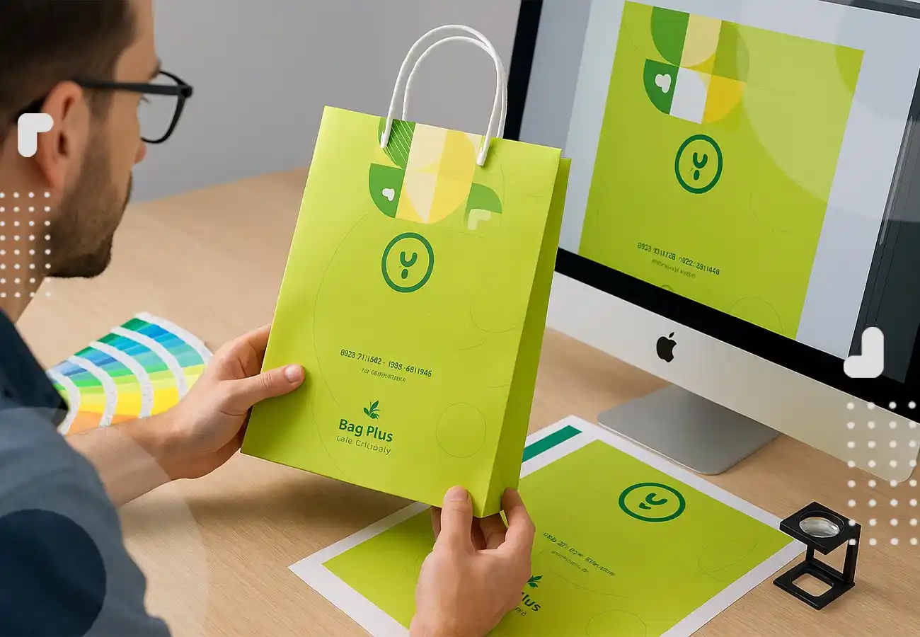 بگ شاپ با چاپ سفارشی در دست مشتری، در حال مقایسه با تصویر بستهبندی در کامپیوتر