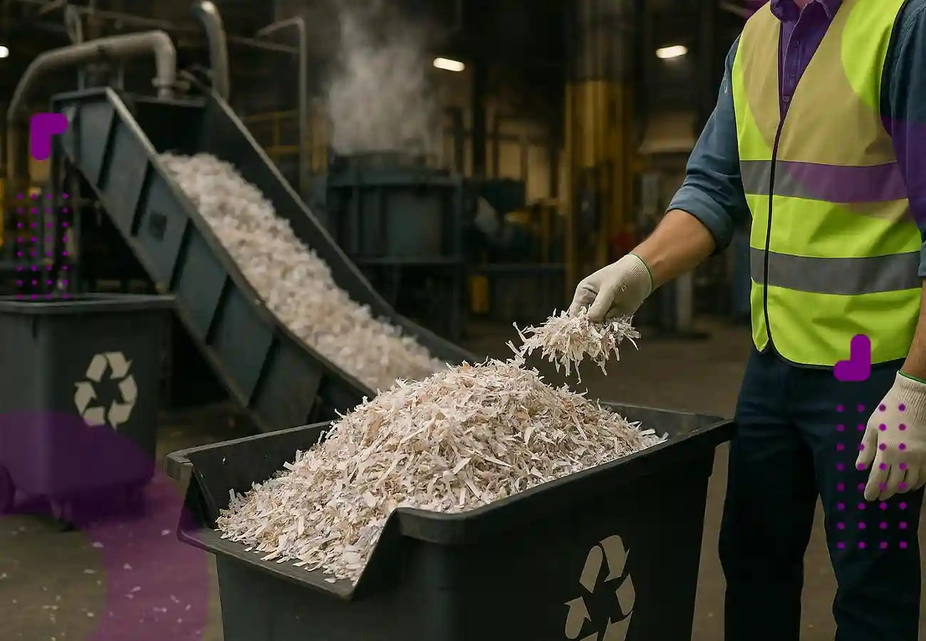 نمایی از فرآیند بازیافت کاغذهای باطله؛ کارگری با جلیقه ایمنی در حال بررسی تکههای کاغذ خردشده است که از خط تولید به داخل سطلهای بزرگ بازیافت منتقل میشوند.