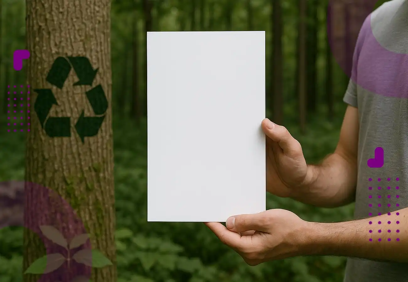 شخصی کاغذی در دستش گرفته و دل جنگل، برای نشان دادن این که با بازیافت کاغذ هیچ درختی قطع نمی شود.
