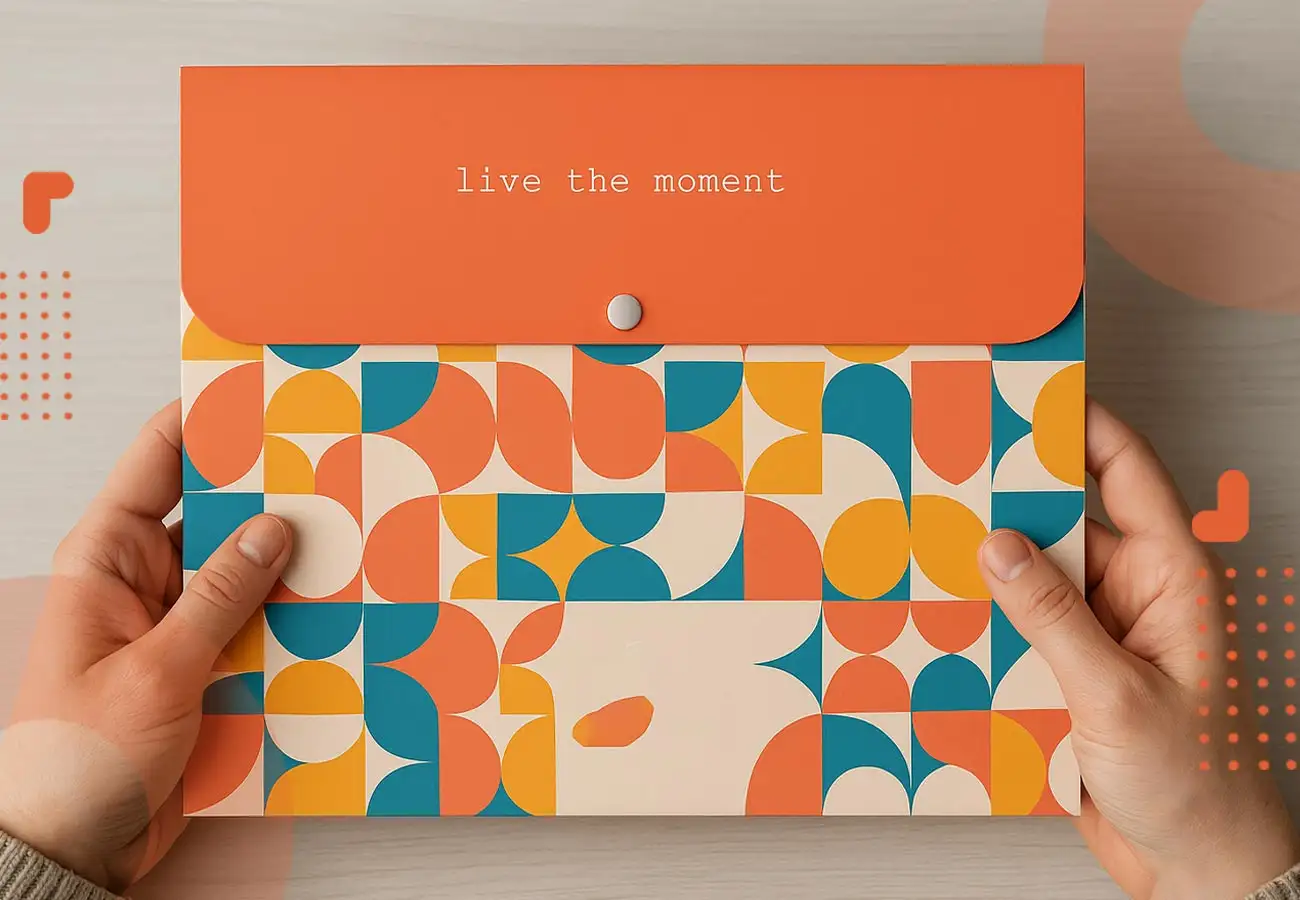 چاپ پاکت باکیفیت با طرح هندسی رنگارنگ و طراحی مدرن، مناسب برای بسته‌بندی‌های شیک و خاص