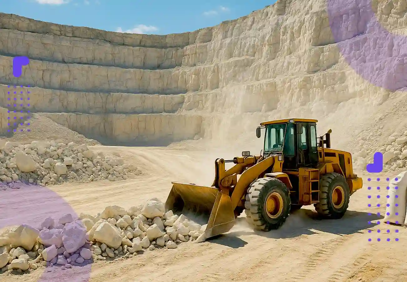 استخراج سنگ‌های آهکی از معدن برای تولید کلسیم کربنات؛ نمایی از لودر در حال جمع‌آوری سنگ‌ها در محیط معدن