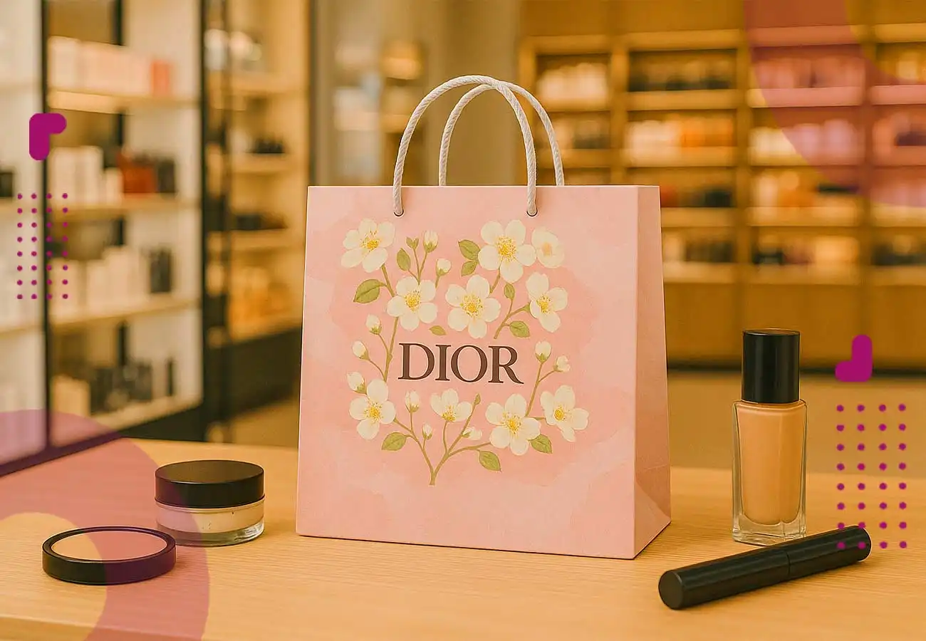 بگ شاپی به رنگ صورتی با برند DIOR روی میزی قرار دارد که چند محصول لوازم آرایشی کنار آن قرار دارند_ساک دستی آماده لوازم آرایشی بهداشتی_