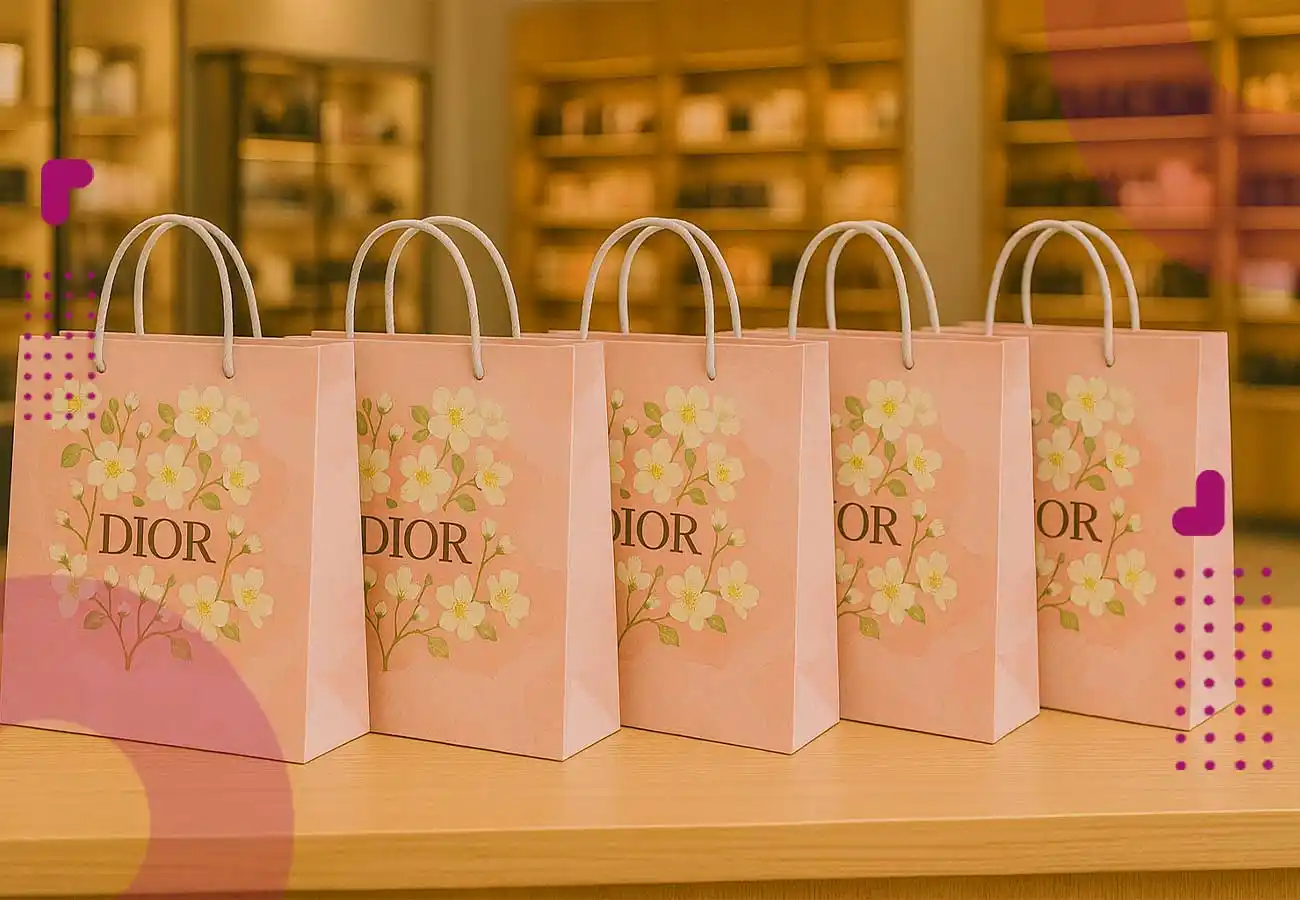 چندین بگ شاپ با طرح آماده برای لوازم آرایشی بهداشتی روی میزی قرار دارند.