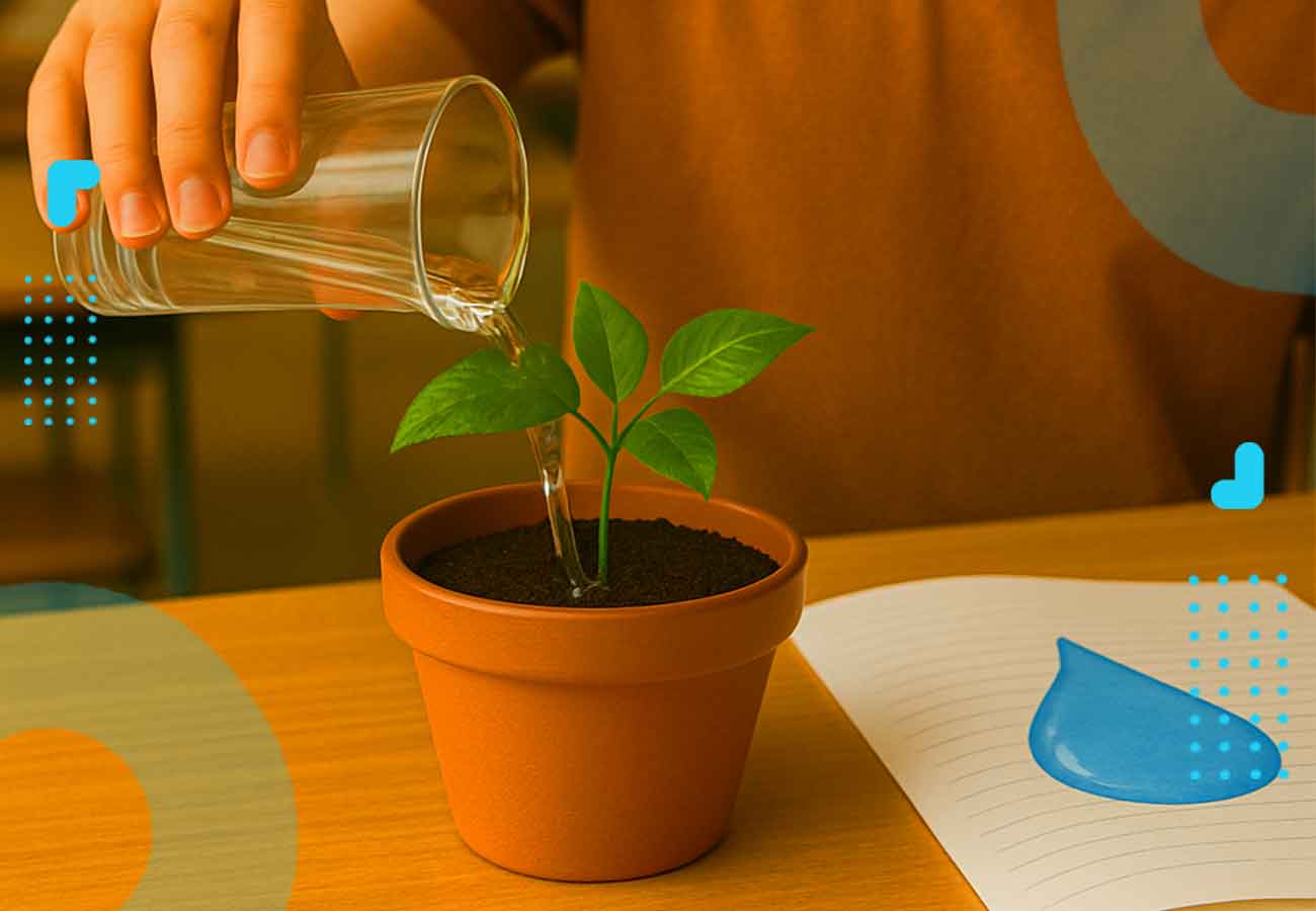 کودکی که در حال آبیاری یک گلدان کوچک است؛ تصویری مرتبط با آموزش راههای صرفهجویی آب برای کودکان.