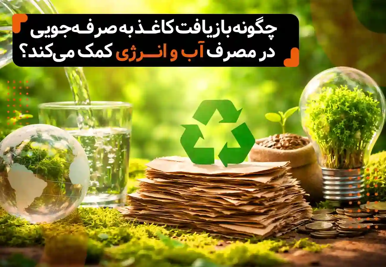 تصویر تعدادی کاغذ رو نشان می‌دهد که علامت بازیافت بالای کاغذهاست. این کاغذها در جنگل روی زمین گذاشته شده که یک لیوان آب و یک لامپ که در آن سبزه رشد کرده و یک گوی شفاف کره زمین هم کنار لیوان آب گذاشته و همه‌ی اینها برای عنوان مقاله‌ی:چگونه بازیافت کاغذ به صرفه‌جویی در مصرف آب و انرژی کمک می‌کند؟ هستند.- تصویر شاخص مقاله-